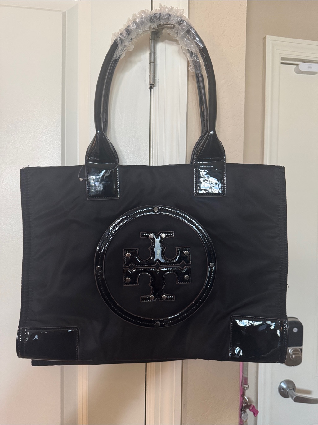 Tb Black Nylon Tote With Patent Trim And Logo